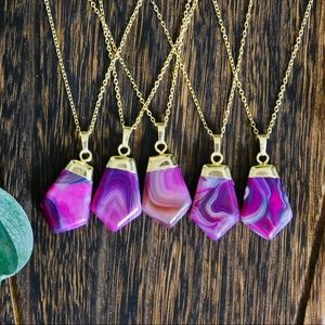 Pink Banded Agate Gold Crystal Pendant Chain Necklace
